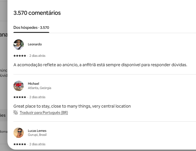 Comentários recentes de hóspedes no Airbnb